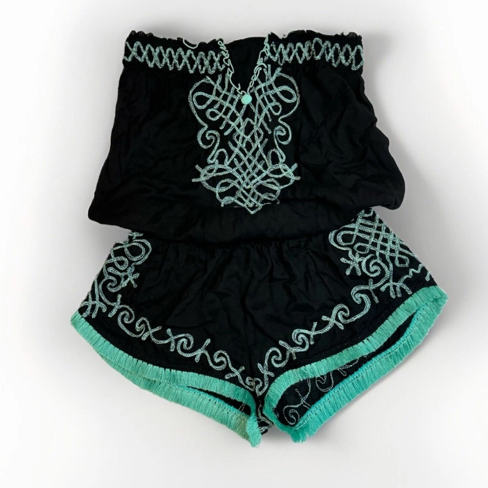 Poupette St Barth Black Romper with Mint Green Embroidery